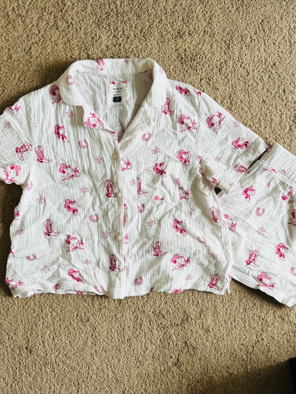 American Eagle -AE Lounge - White Cotton Top with Shirts - Snoopy Print